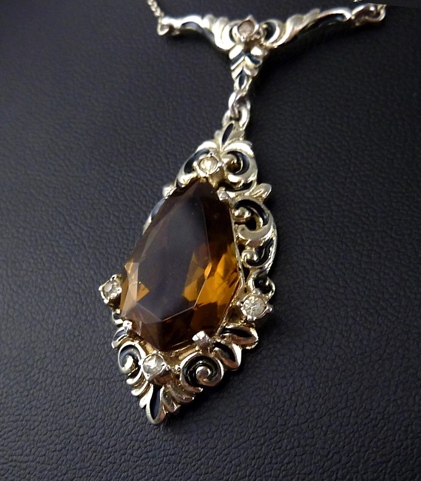 Antikes Collier - Art Déco um 1930 Collier Halskette Emaille & gelbe Paste / Glasstein 935er Silber Vergoldet