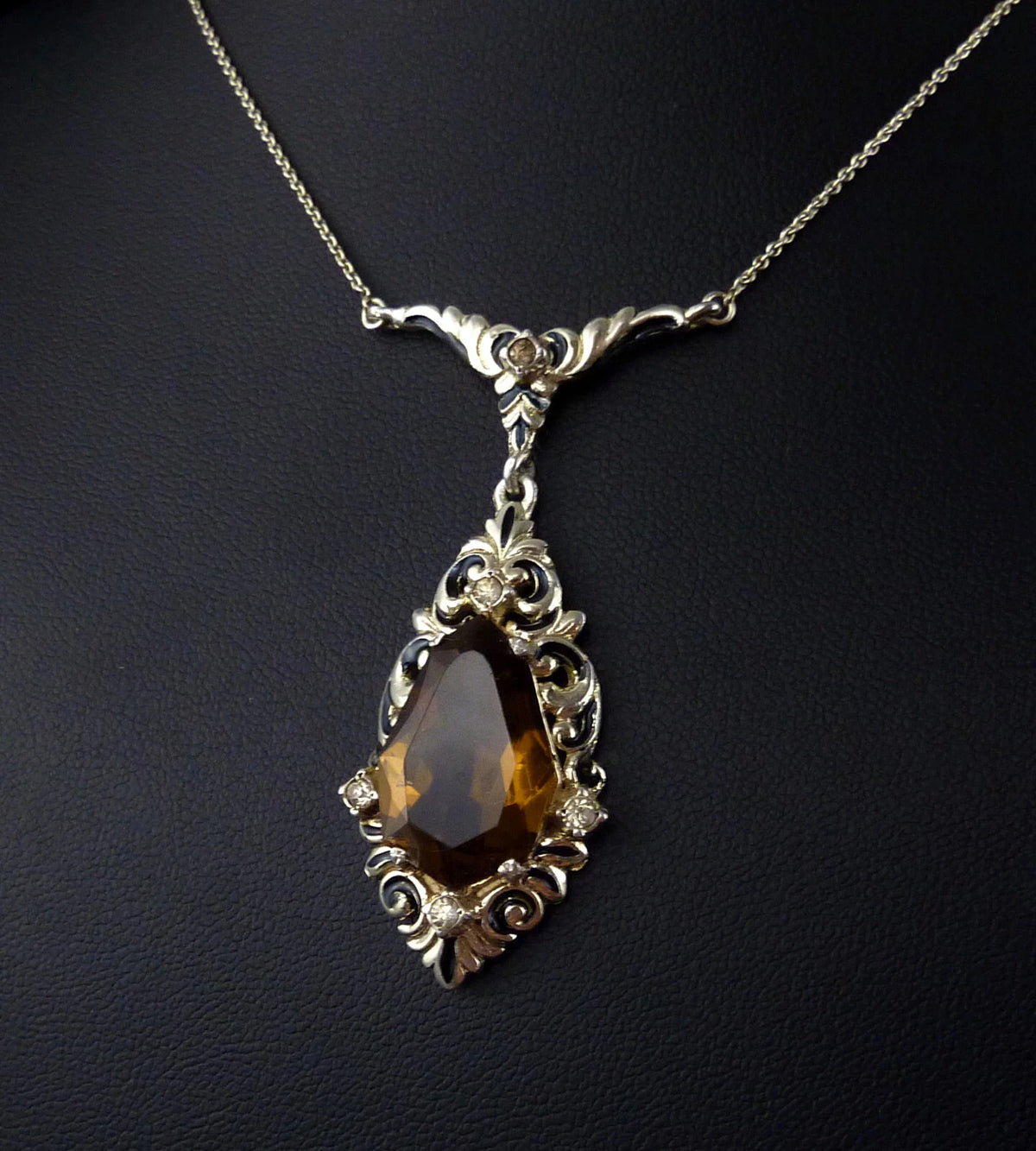 Antikes Collier - Art Déco um 1930 Collier Halskette Emaille & gelbe Paste / Glasstein 935er Silber Vergoldet