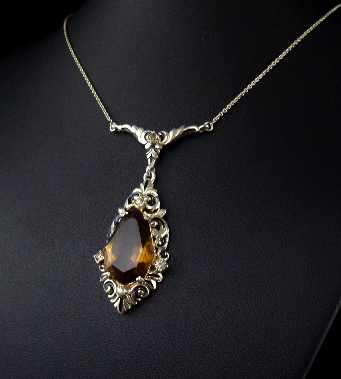 Antikes Collier - Art Déco um 1930 Collier Halskette Emaille & gelbe Paste / Glasstein 935er Silber Vergoldet