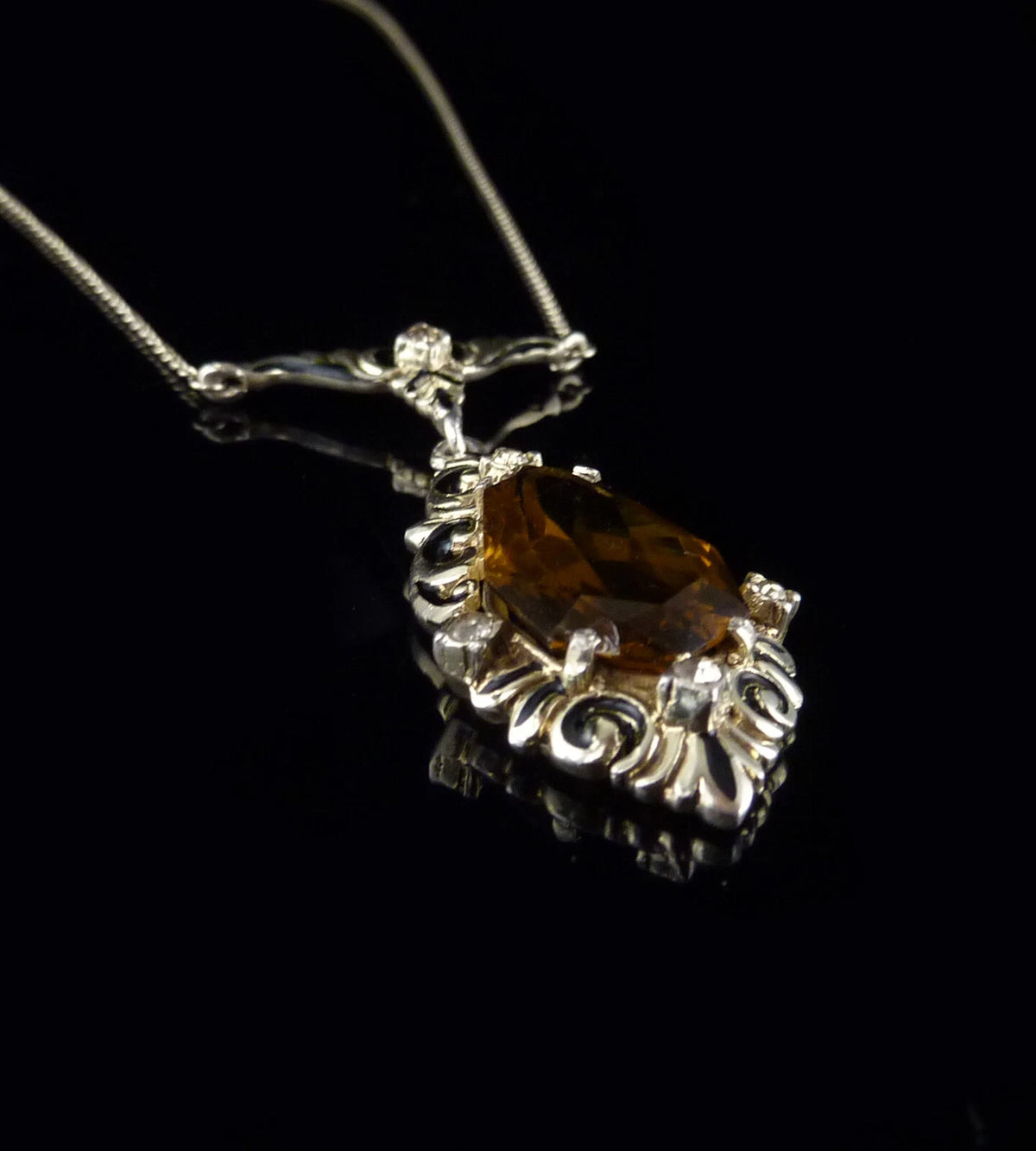 Antikes Collier - Art Déco um 1930 Collier Halskette Emaille & gelbe Paste / Glasstein 935er Silber Vergoldet