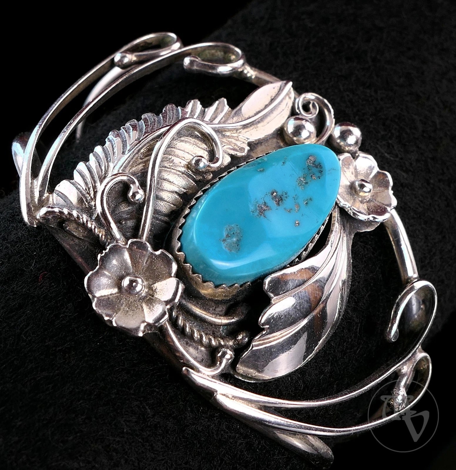 Breiter Navajo 925 Sterling Silber Türkis Armreif Armspange Floral 16cm Alt Vintage - Größe flexibel