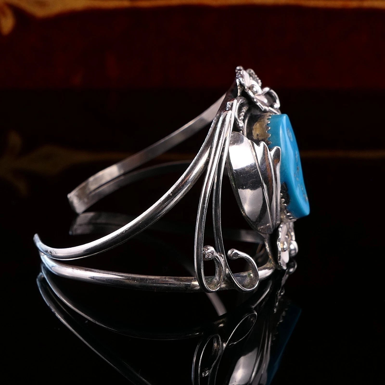Breiter Navajo 925 Sterling Silber Türkis Armreif Armspange Floral 16cm Alt Vintage - Größe flexibel