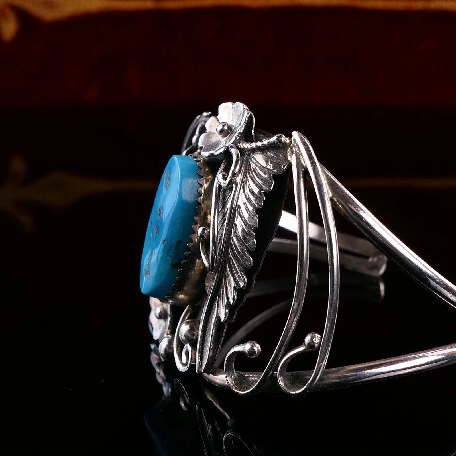 Breiter Navajo 925 Sterling Silber Türkis Armreif Armspange Floral 16cm Alt Vintage - Größe flexibel