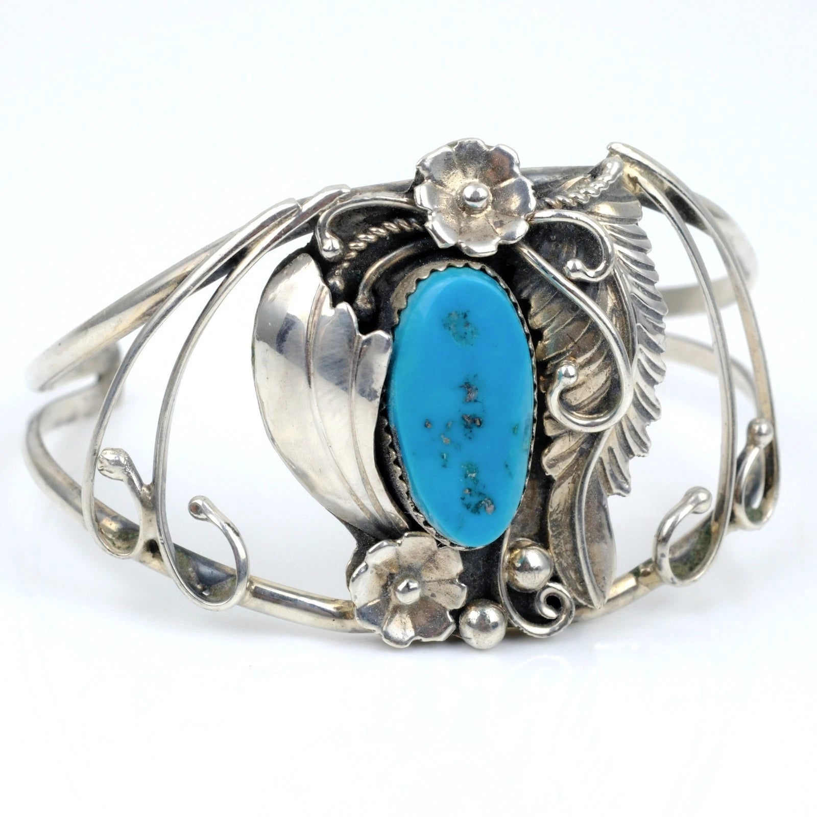 Breiter Navajo 925 Sterling Silber Türkis Armreif Armspange Floral 16cm Alt Vintage - Größe flexibel