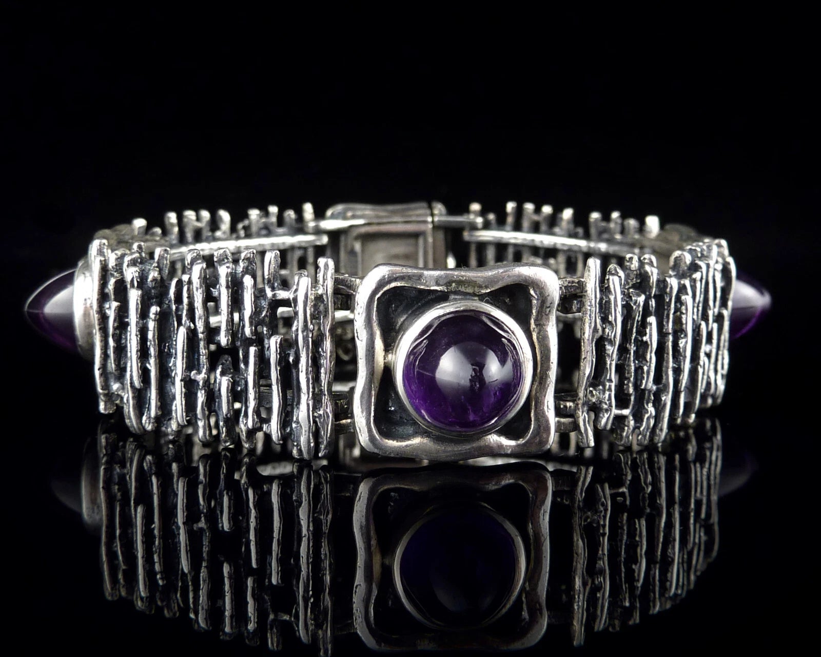 Vintage Bartel & Sohn Armband mit Amethyst Kegeln aus 835er Silber Organic Design Modernist Brutalist 18cm