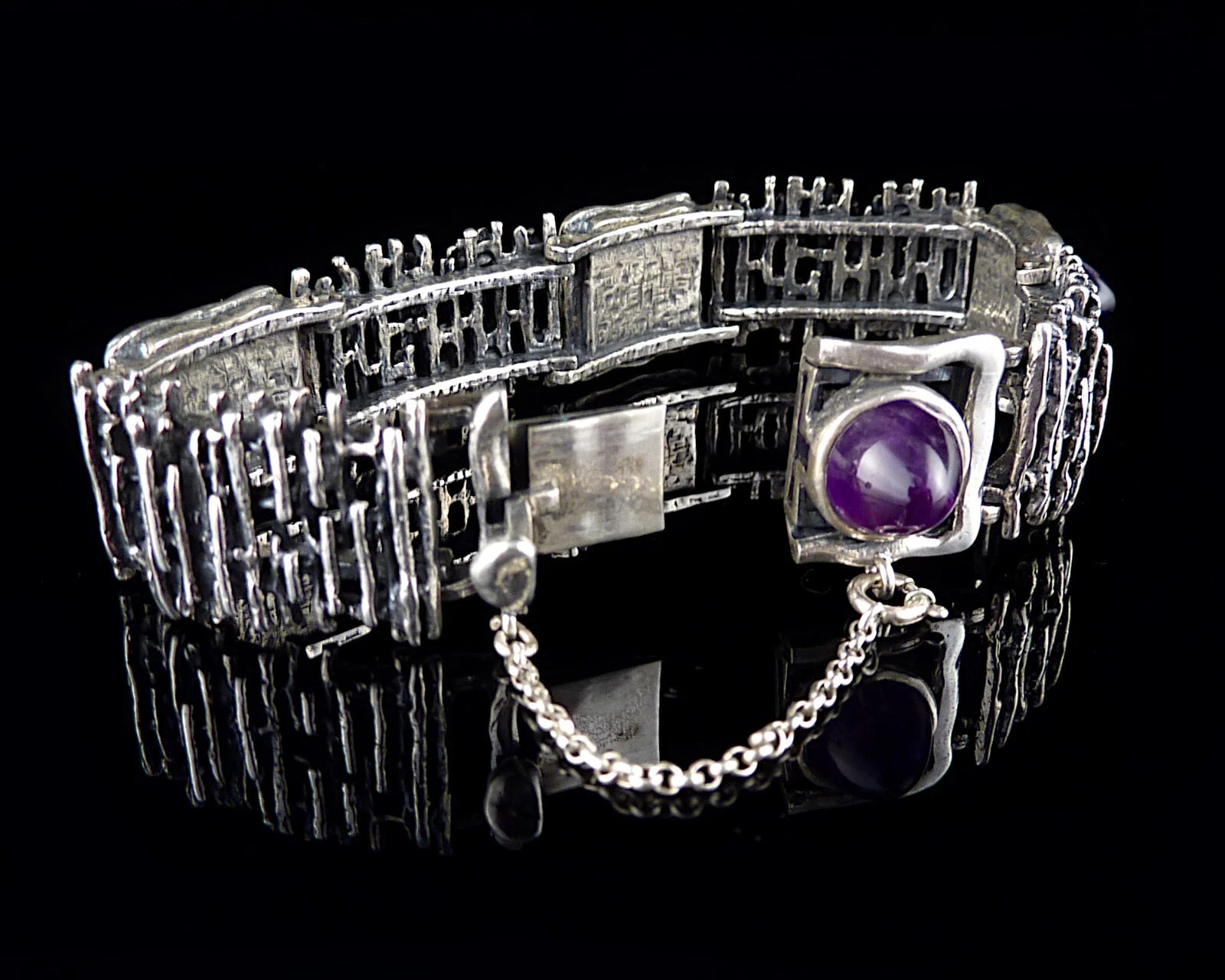 Vintage Bartel & Sohn Armband mit Amethyst Kegeln aus 835er Silber Organic Design Modernist Brutalist 18cm