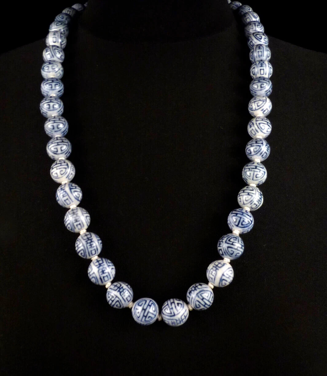 Vintage China Porzellan Kugelkette 75cm blau-weiß Chinese Silver Export - Florale Silberschließe