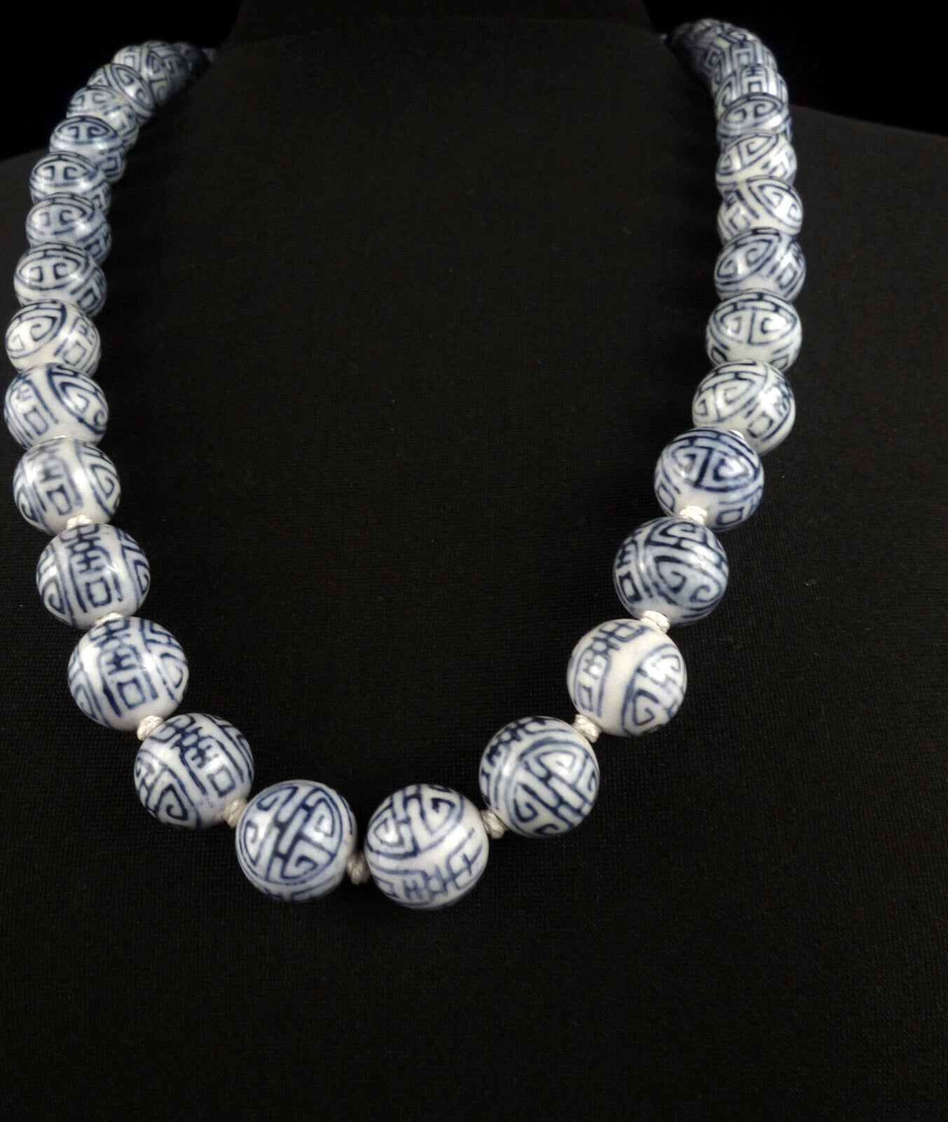 Vintage China Porzellan Kugelkette 75cm blau-weiß Chinese Silver Export - Florale Silberschließe