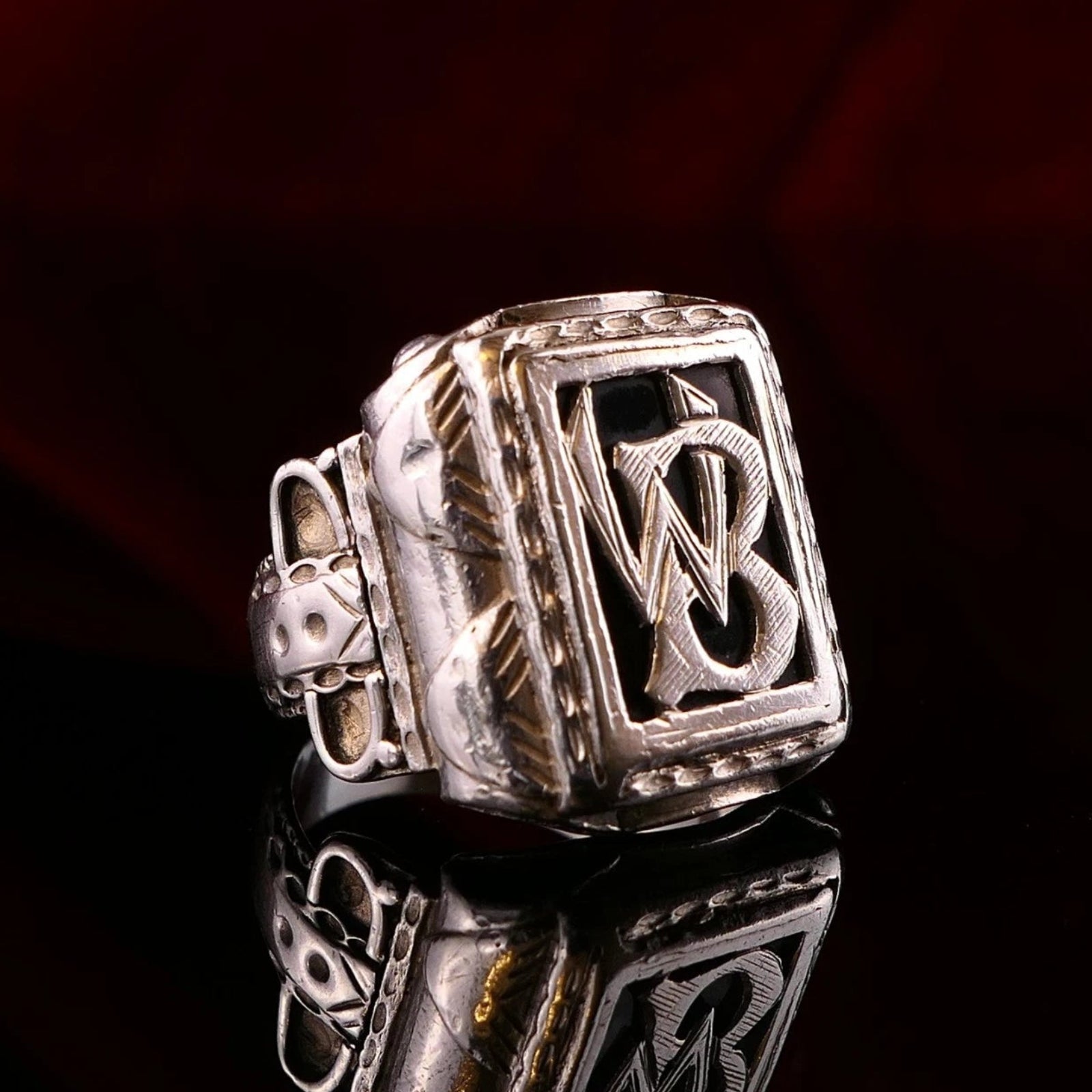 Antiker Monogrammring Siegelring Initialen BW / WB Silberring 900 Silber RG 61 (19,4 mm Ø) Vintage Alt