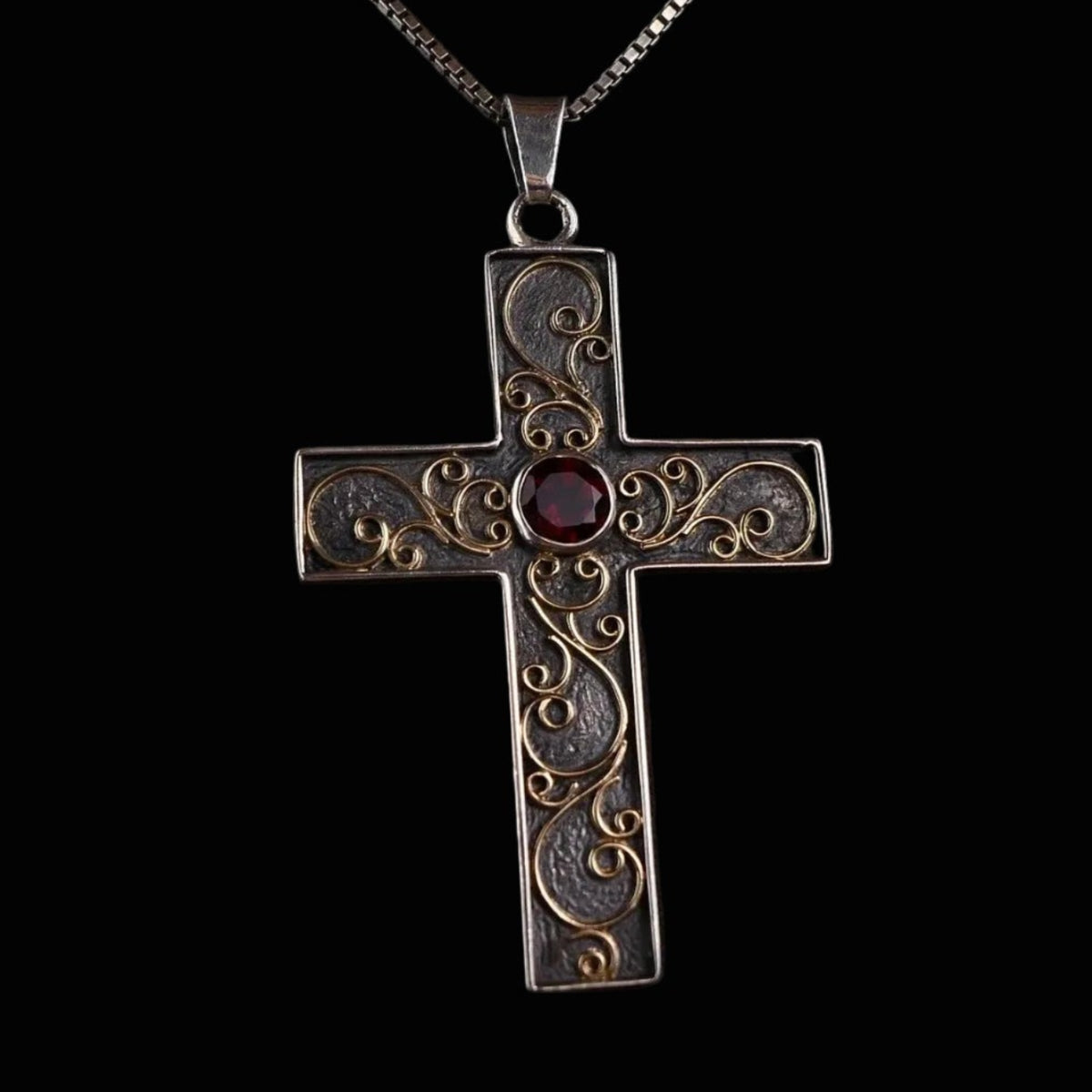 Granat Kreuzanhänger Handarbeit - Großer Kreuzanhänger aus 925 Sterling Silber & Gold - Yigal, Israel