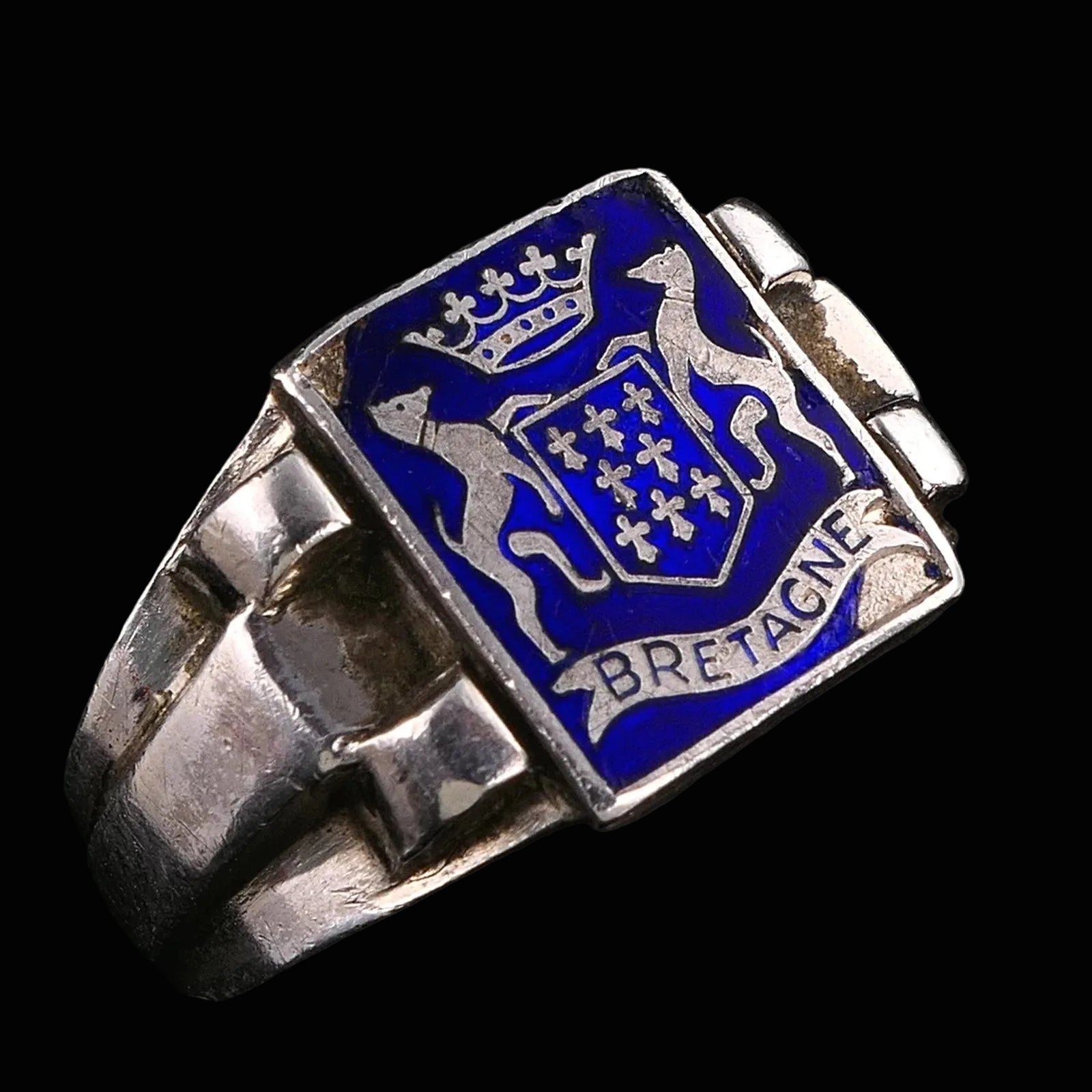 Antiker Emaille Wappenring Siegelring Bretagne mind. 800 Silber aus Frankreich RG 62 (19,7 mm Ø) Vintage Alt