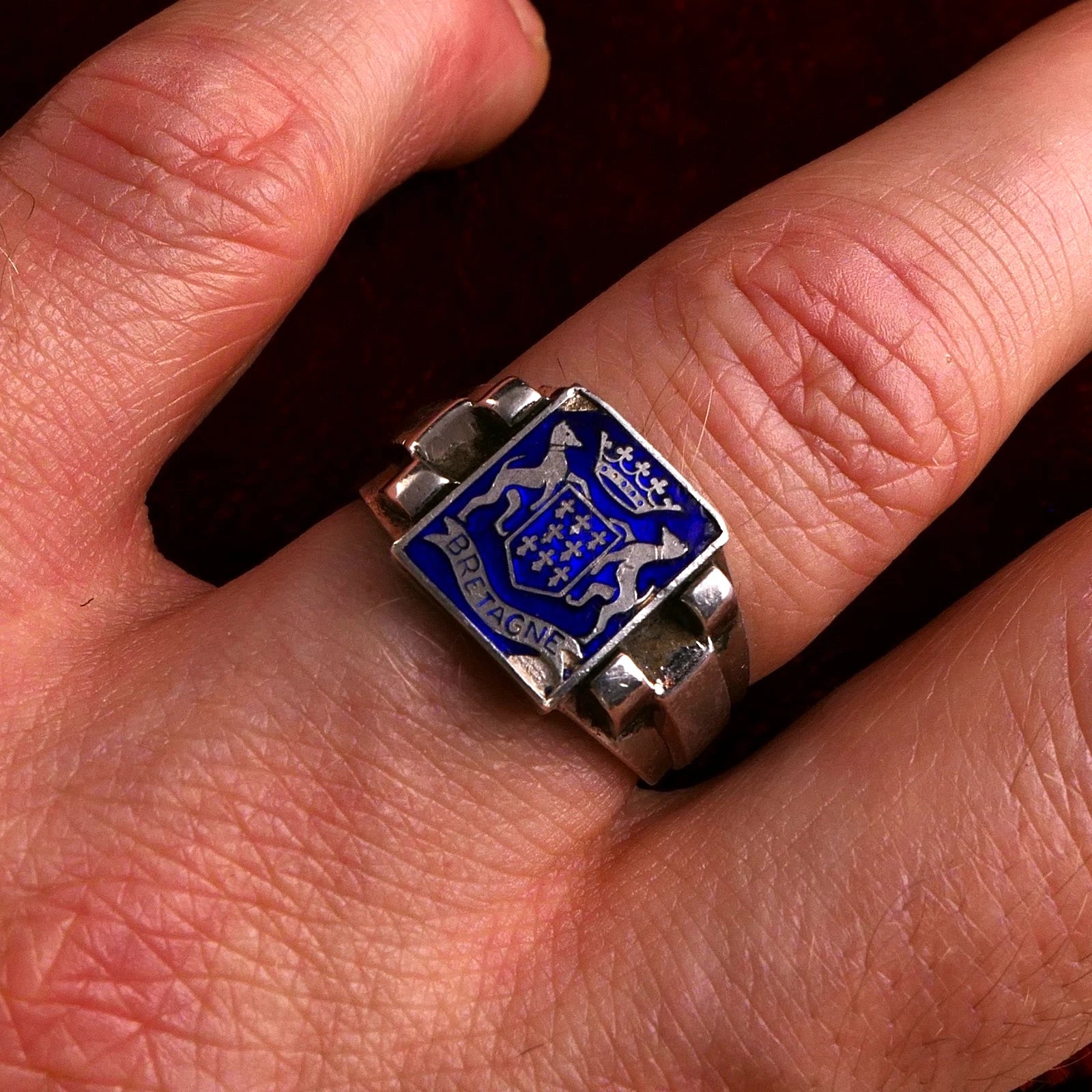 Antiker Emaille Wappenring Siegelring Bretagne mind. 800 Silber aus Frankreich RG 62 (19,7 mm Ø) Vintage Alt