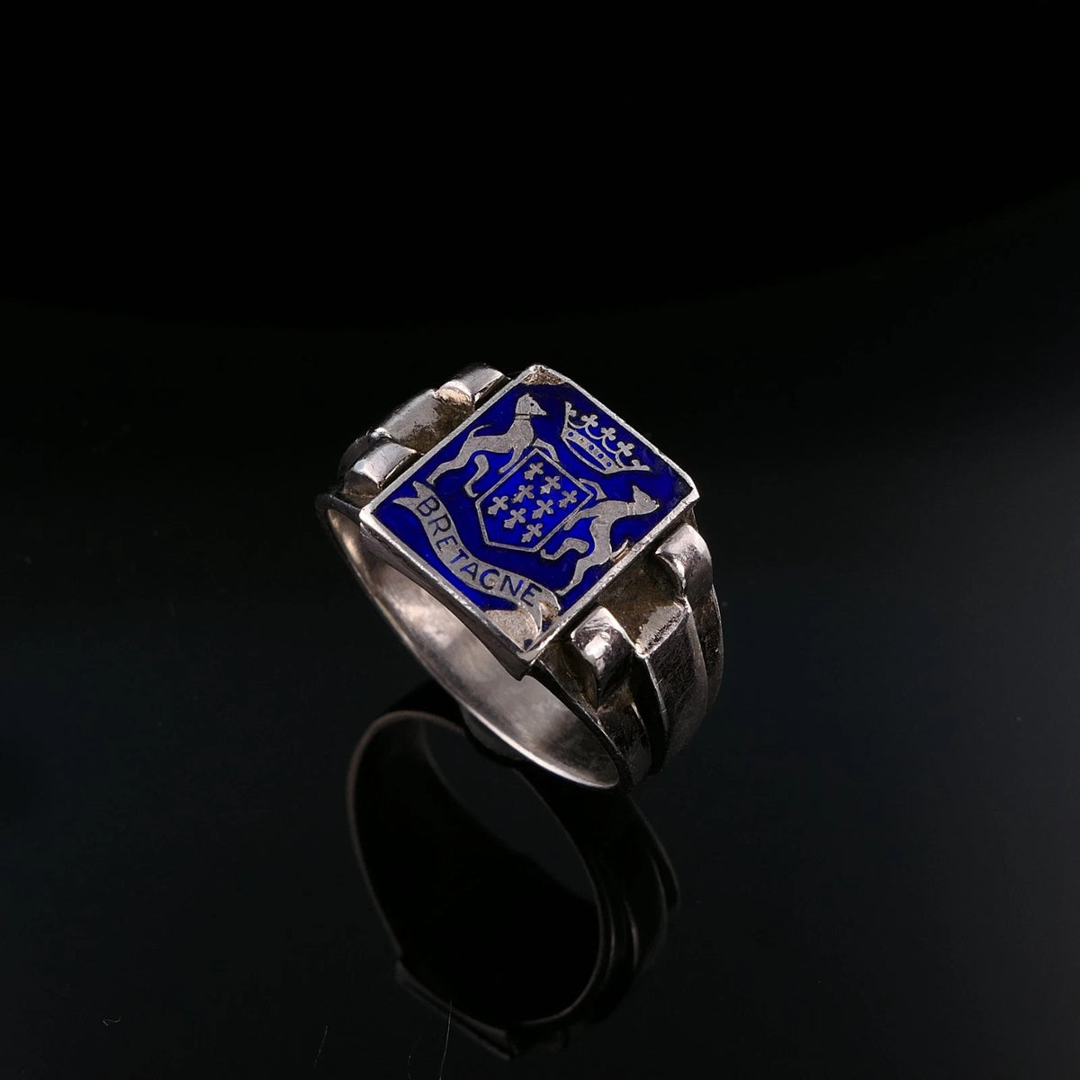 Antiker Emaille Wappenring Siegelring Bretagne mind. 800 Silber aus Frankreich RG 62 (19,7 mm Ø) Vintage Alt