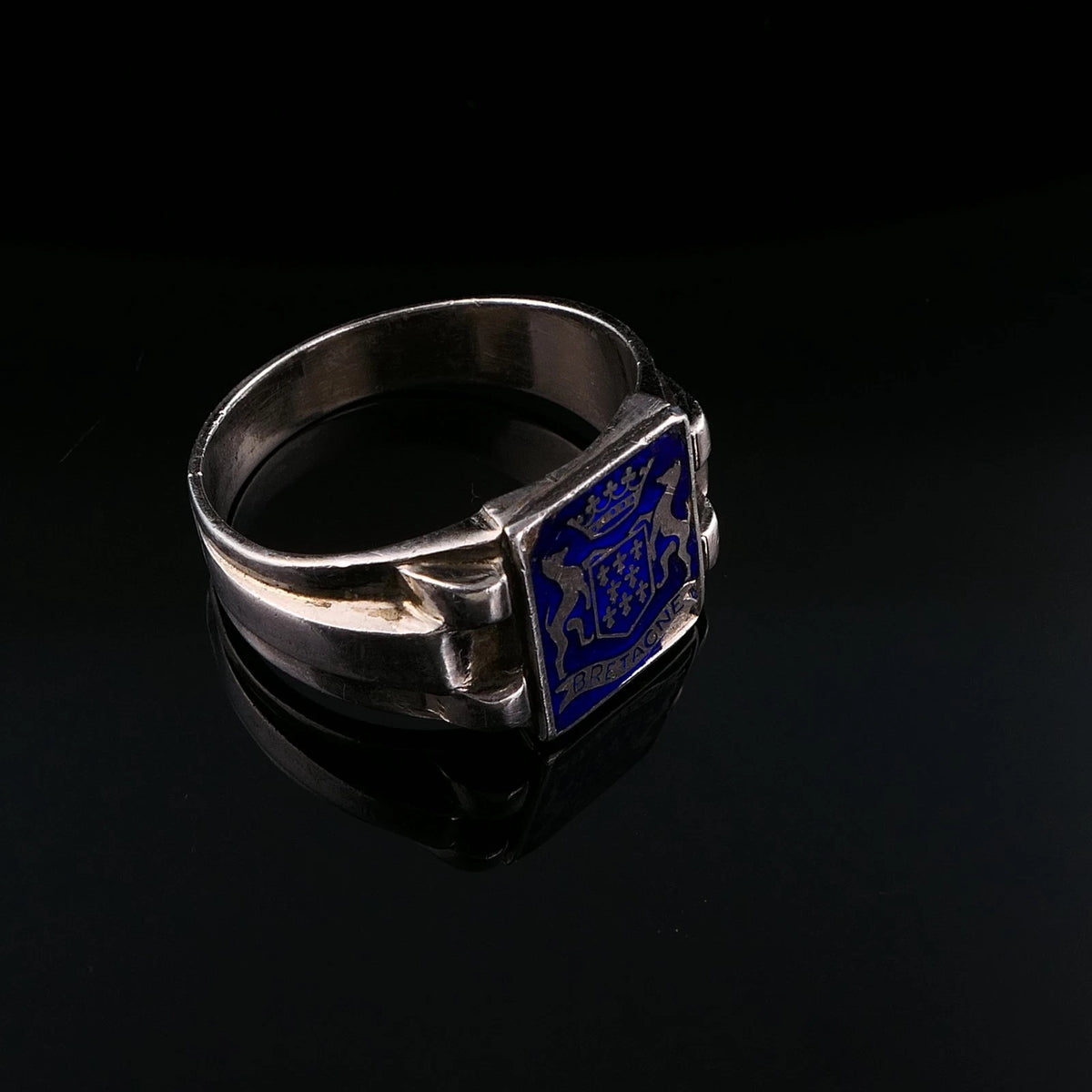Antiker Emaille Wappenring Siegelring Bretagne mind. 800 Silber aus Frankreich RG 62 (19,7 mm Ø) Vintage Alt