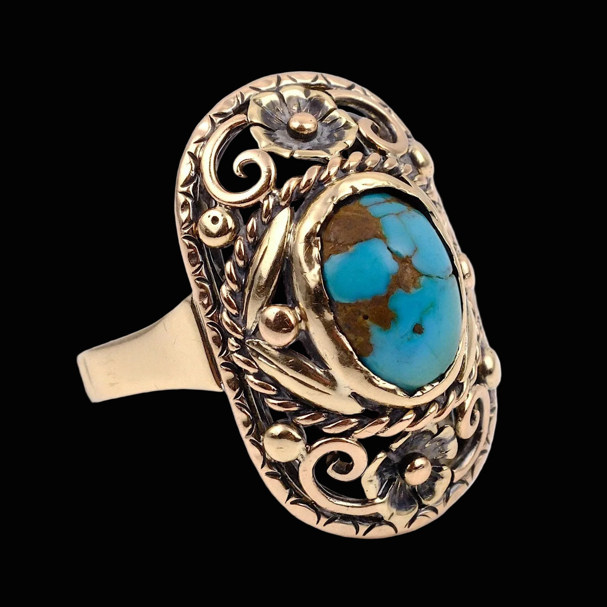 Handgefertigter Türkisring aus Silber & Gold - Floral im antiken Stil - RG 54 (17,2 mm Ø) Alt Vintage