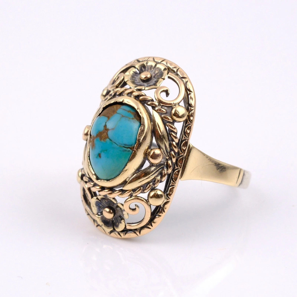 Handgefertigter Türkisring aus Silber & Gold - Floral im antiken Stil - RG 54 (17,2 mm Ø) Alt Vintage