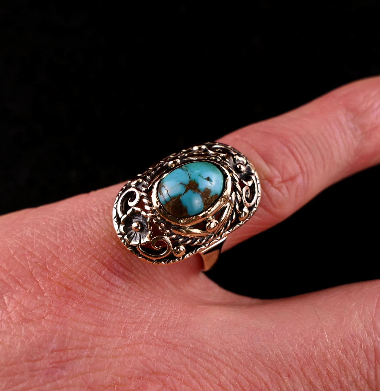 Handgefertigter Türkisring aus Silber & Gold - Floral im antiken Stil - RG 54 (17,2 mm Ø) Alt Vintage