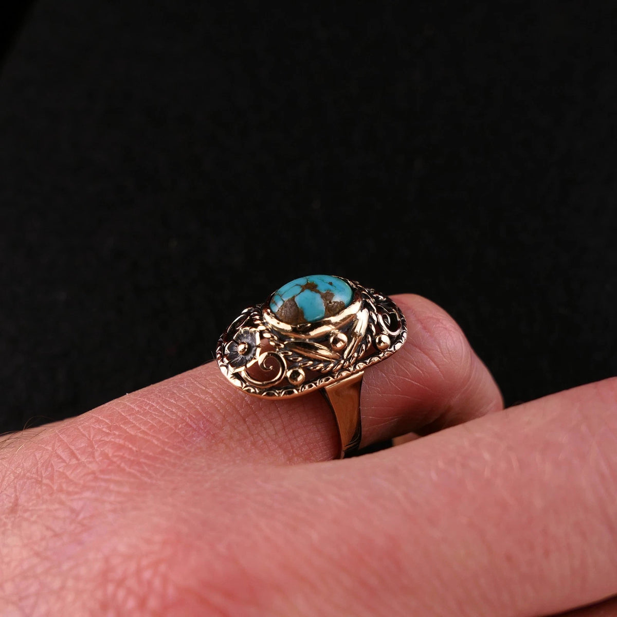 Handgefertigter Türkisring aus Silber & Gold - Floral im antiken Stil - RG 54 (17,2 mm Ø) Alt Vintage