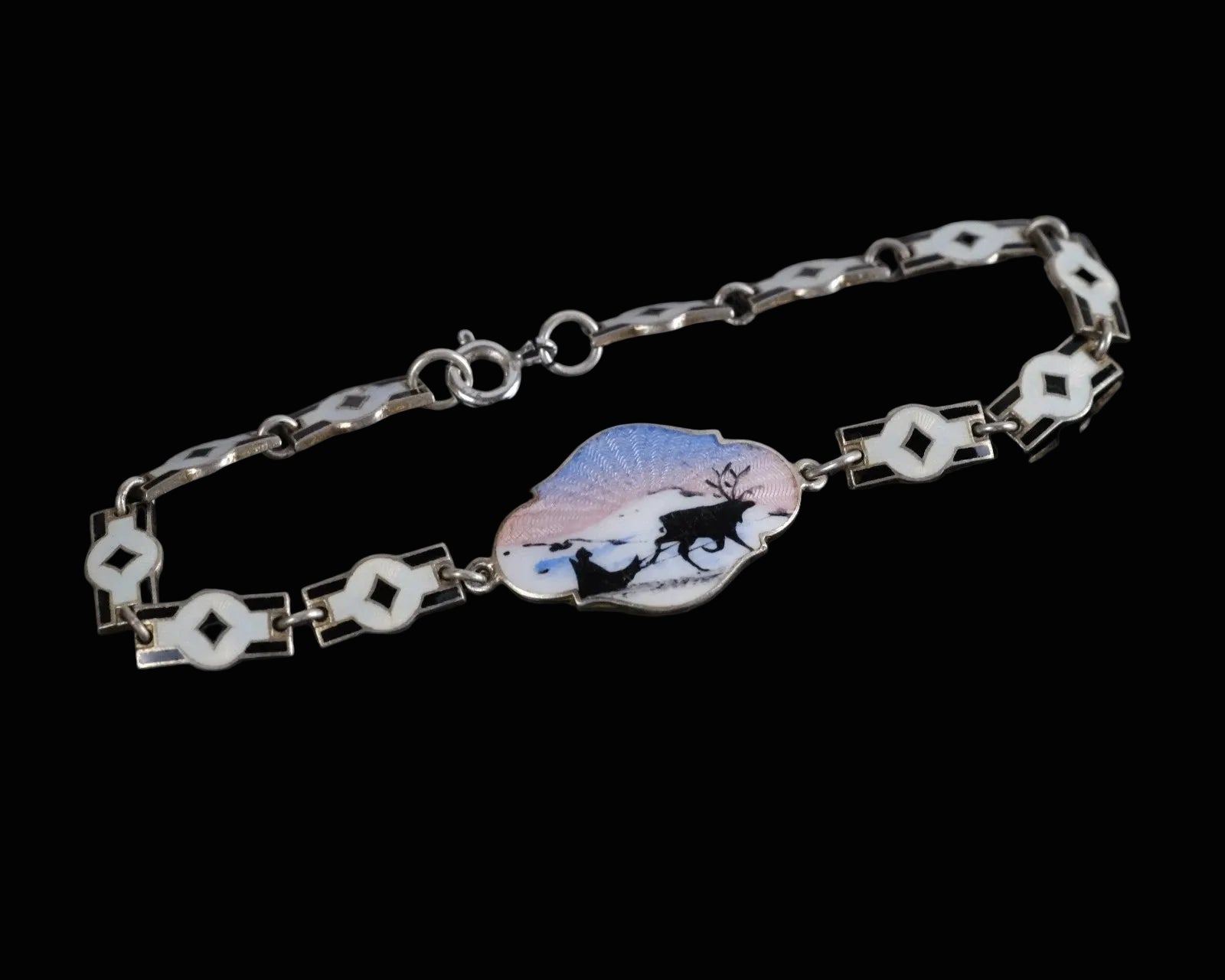 Norne, Norwegen 925 Sterling Silber Designer Armband mit Emaille Nordische Motive 17cm Alt Vintage