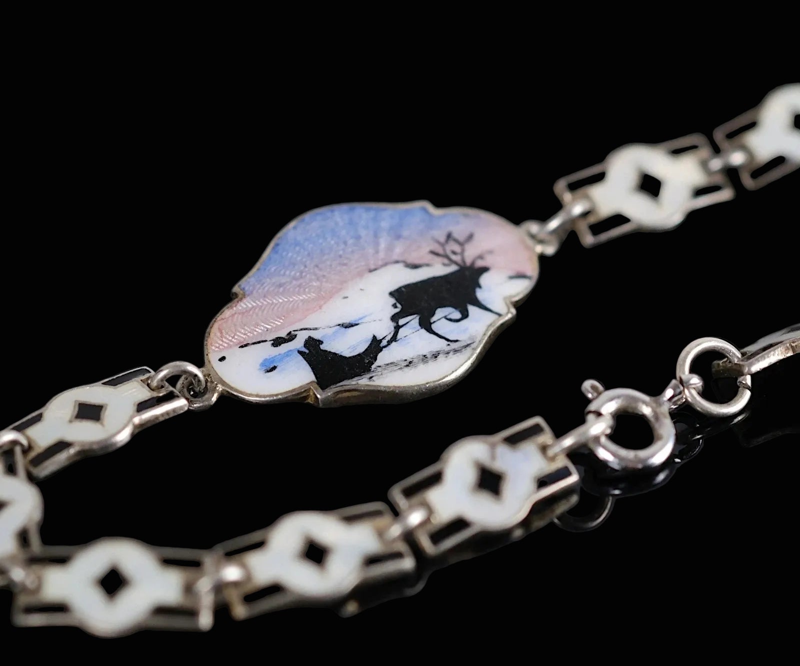Norne, Norwegen 925 Sterling Silber Designer Armband mit Emaille Nordische Motive 17cm Alt Vintage