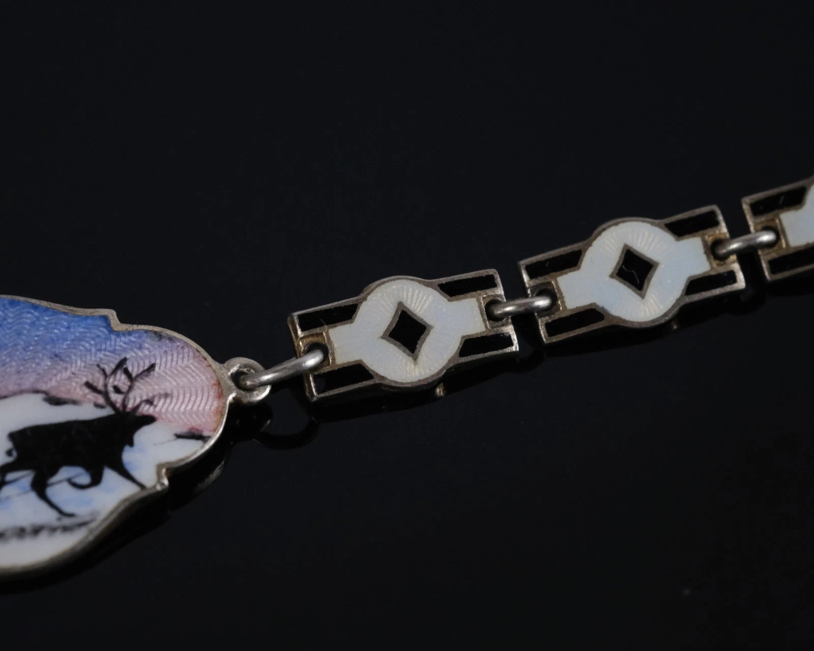 Norne, Norwegen 925 Sterling Silber Designer Armband mit Emaille Nordische Motive 17cm Alt Vintage
