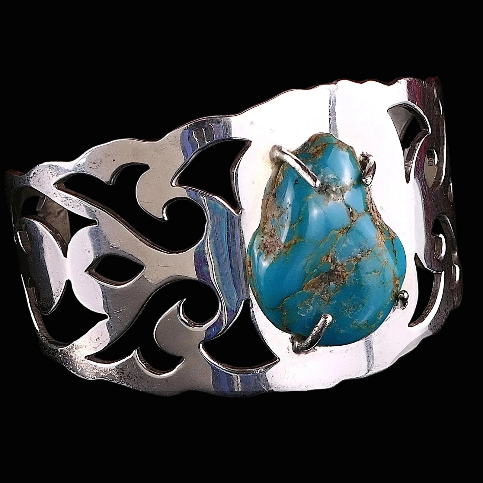 Breiter 925 Sterling Silber Türkis Armreif Armspange Tribal 18cm Alt Vintage - aus Taxco Mexiko