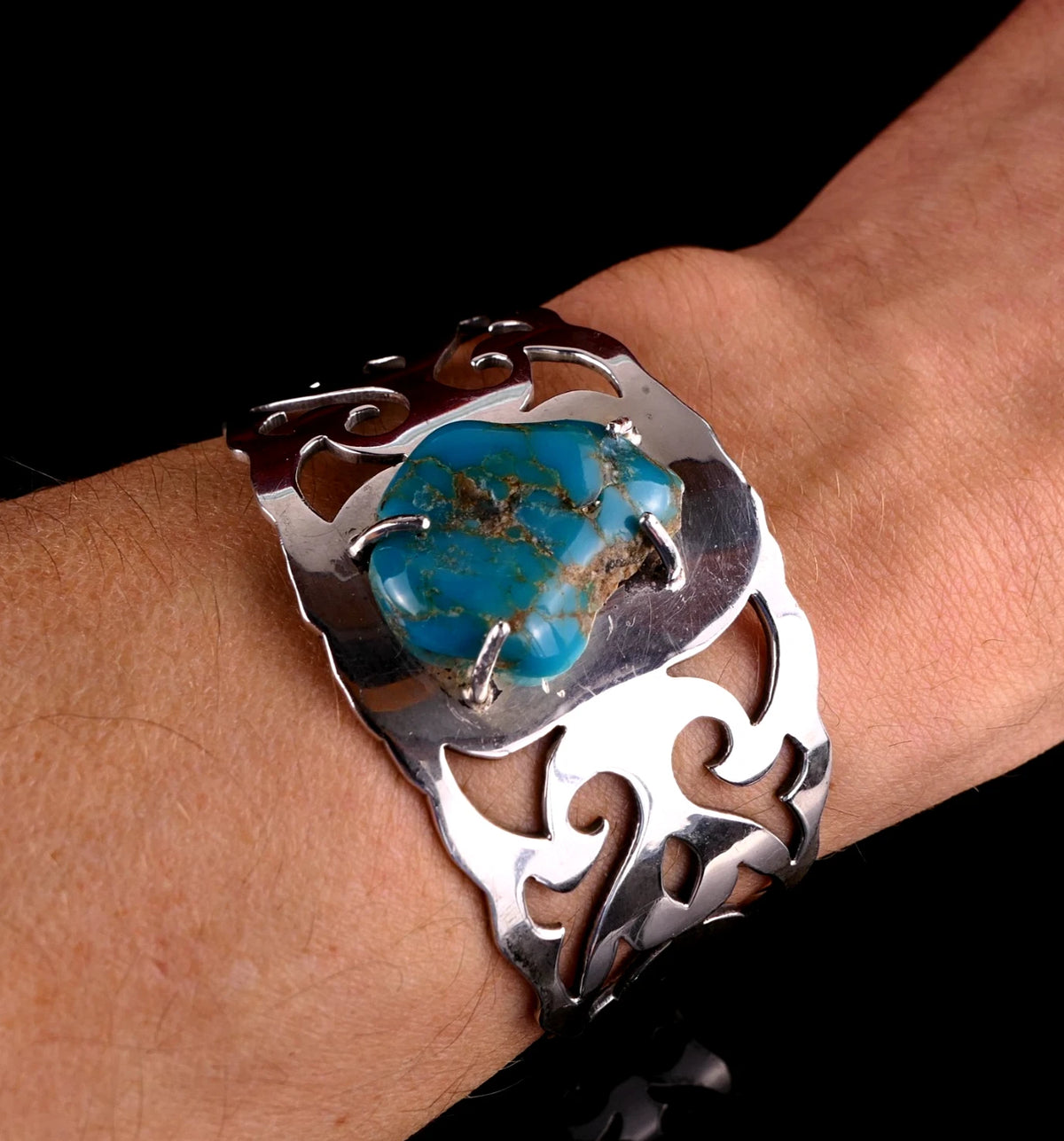 Breiter 925 Sterling Silber Türkis Armreif Armspange Tribal 18cm Alt Vintage - aus Taxco Mexiko