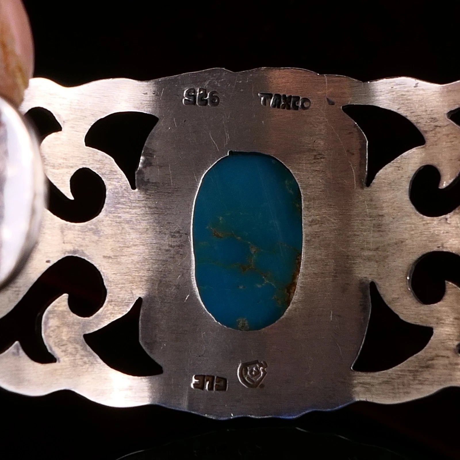 Breiter 925 Sterling Silber Türkis Armreif Armspange Tribal 18cm Alt Vintage - aus Taxco Mexiko
