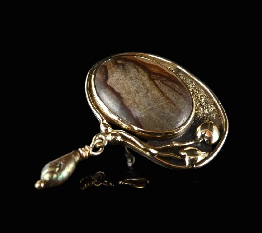 Designer Brosche aus 925er Silber und 750er Gelbgold - mit Perle & Achat – Modernist Handarbeit Vintage Organic Design