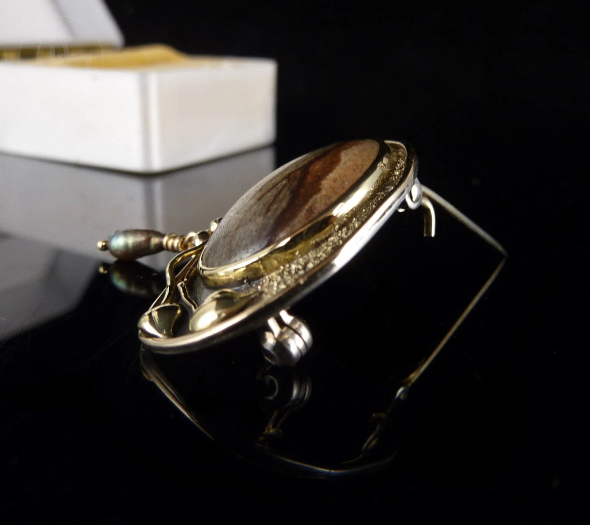 Designer Brosche aus 925er Silber und 750er Gelbgold - mit Perle & Achat – Modernist Handarbeit Vintage Organic Design
