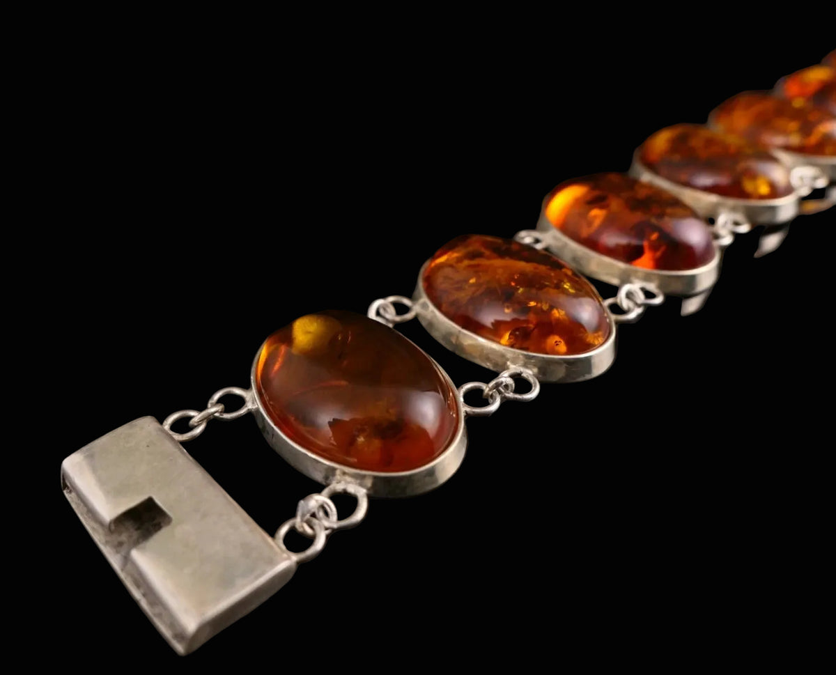Armband Baltischer Bernstein 925 Sterling Silber Silberarmband 20,0cm Große Ovale Cabochons