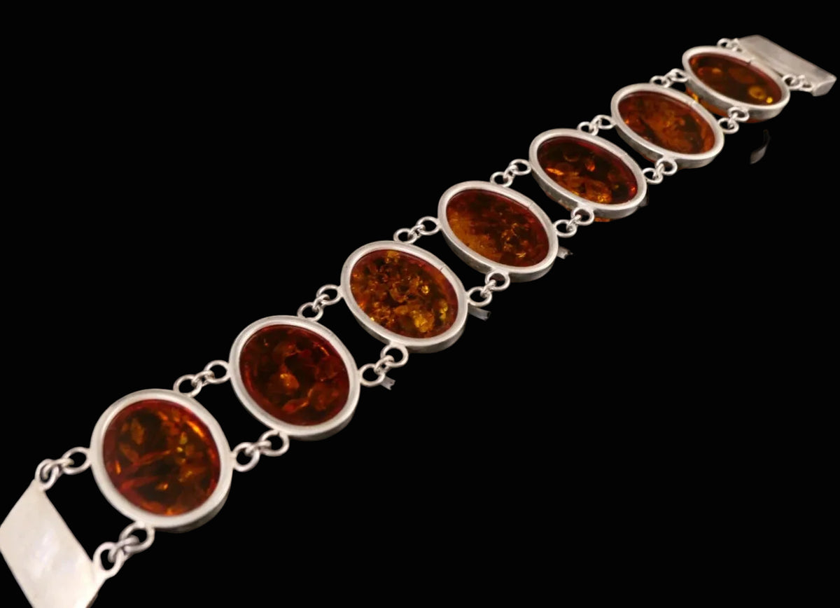 Armband Baltischer Bernstein 925 Sterling Silber Silberarmband 20,0cm Große Ovale Cabochons