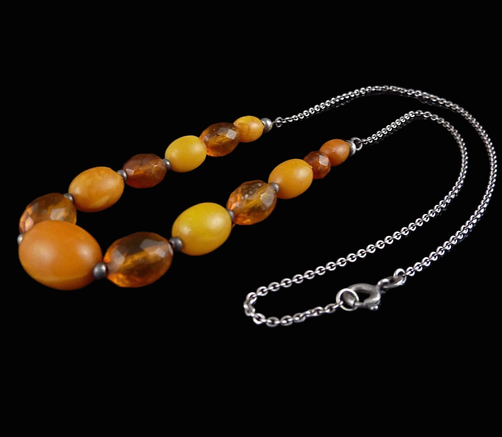 Vintage Bernsteinkette Butterscotch Bernstein Oliven 925er Silber Halskette Damen 43cm Antik Alt