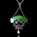 Antikes Collier - Jugendstil Anhänger an Kette um 1920 - Farbiges Emaille und Paste aus 925 Sterling Silber - 44,0cm