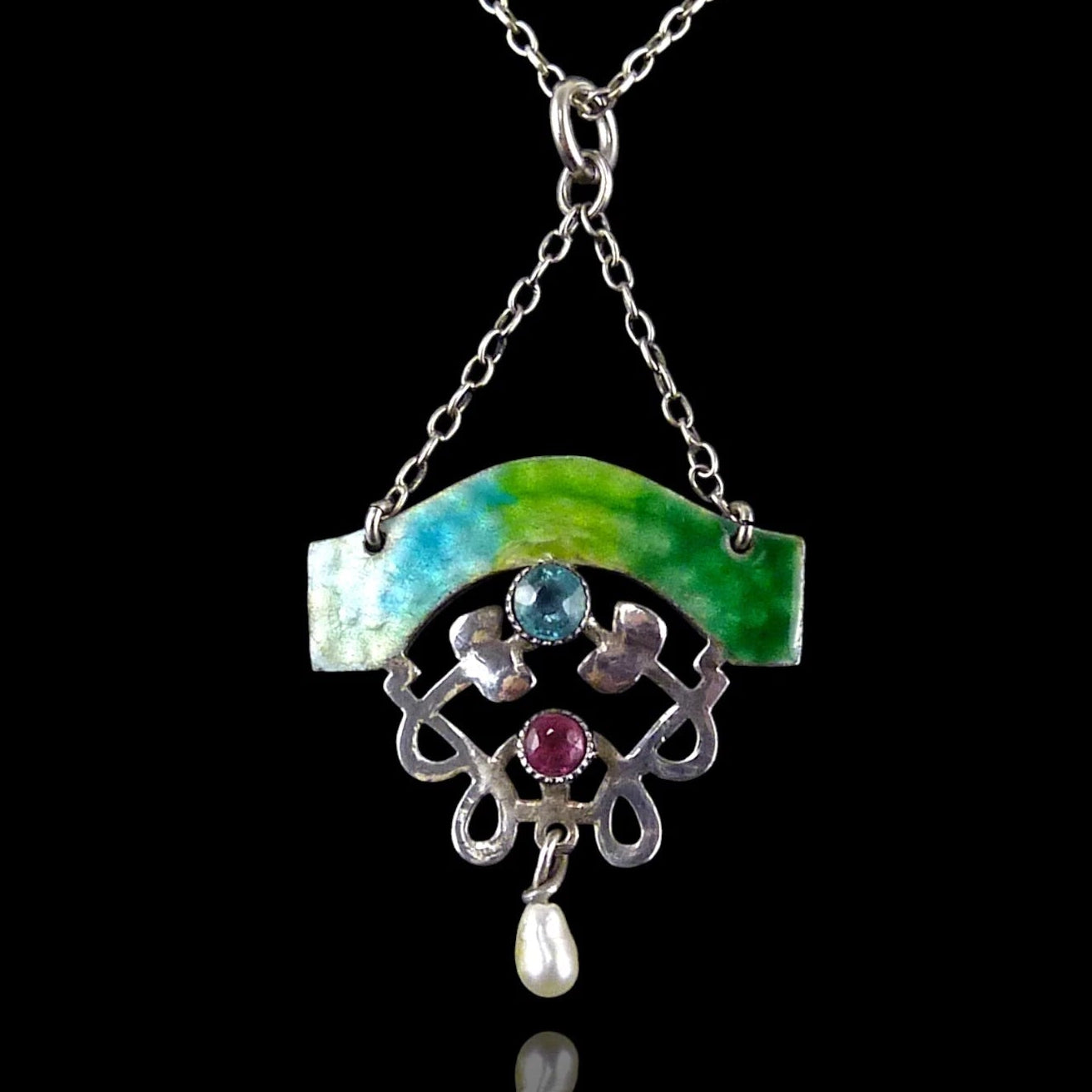 Antikes Collier - Jugendstil Anhänger an Kette um 1920 - Farbiges Emaille und Paste aus 925 Sterling Silber - 44,0cm