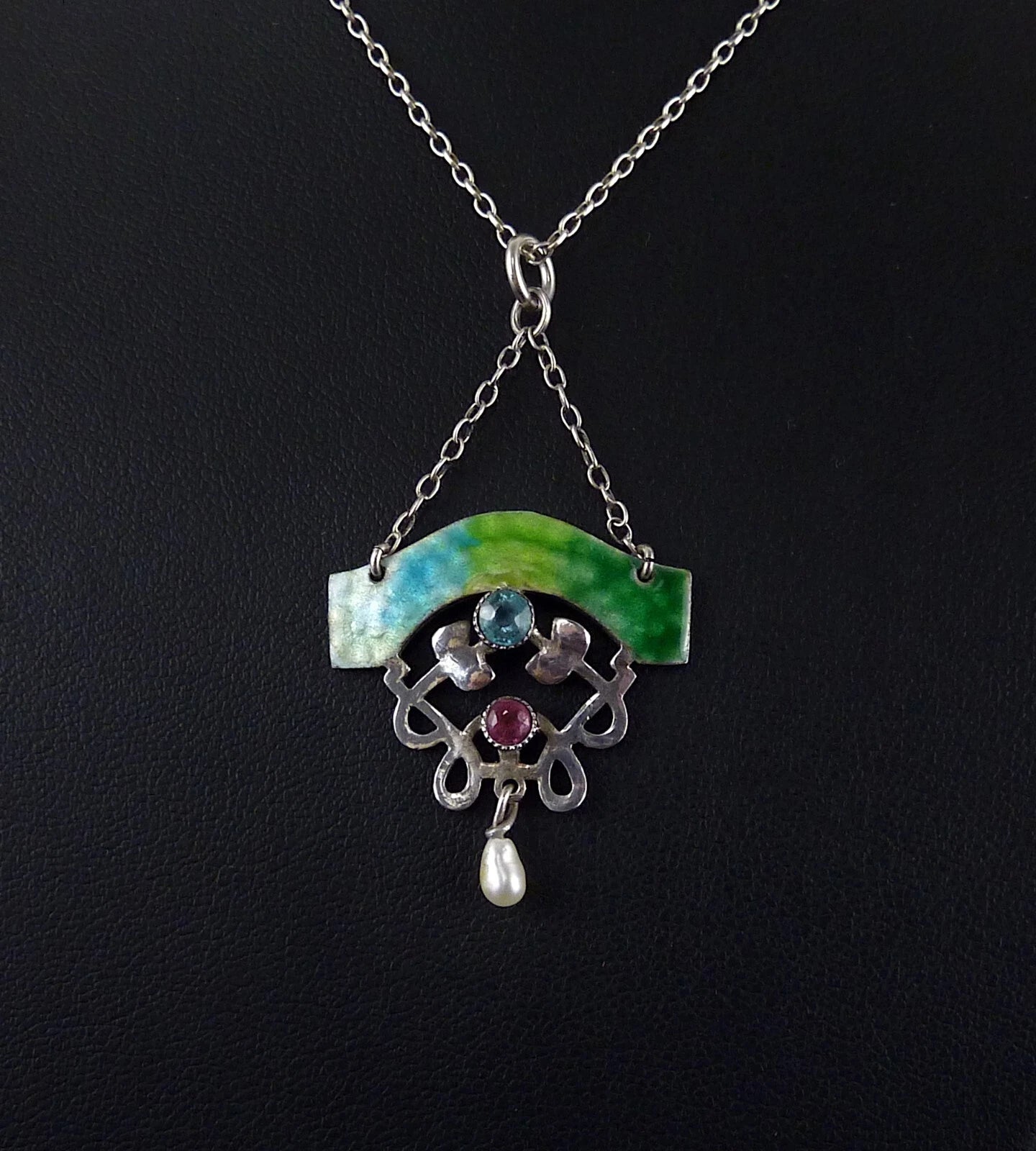 Antikes Collier - Jugendstil Anhänger an Kette um 1920 - Farbiges Emaille und Paste aus 925 Sterling Silber - 44,0cm