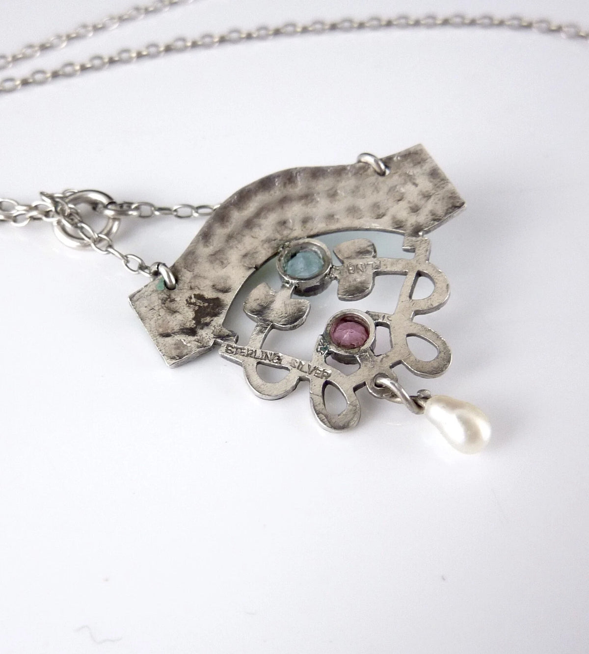 Antikes Collier - Jugendstil Anhänger an Kette um 1920 - Farbiges Emaille und Paste aus 925 Sterling Silber - 44,0cm