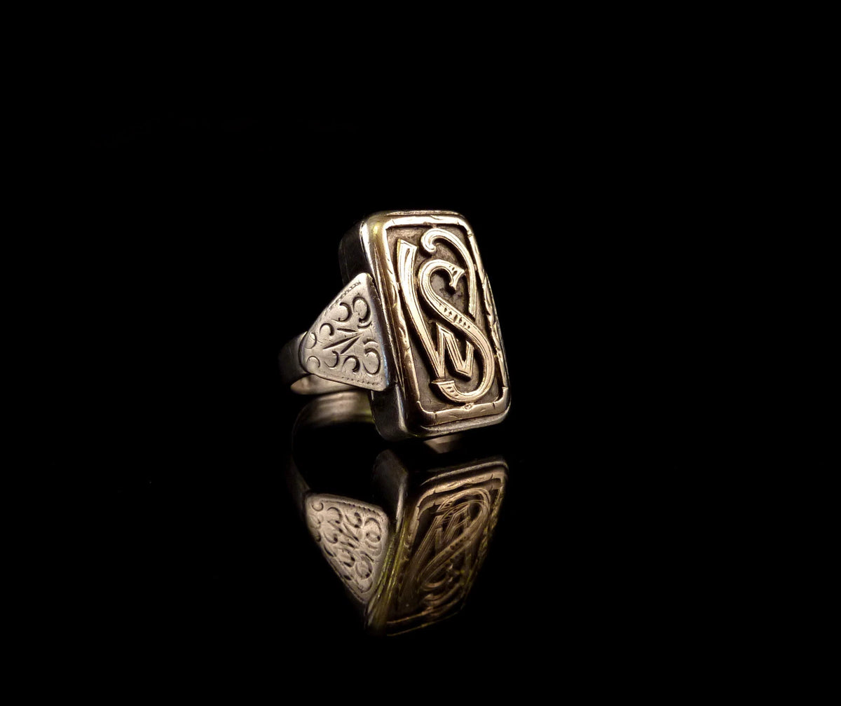 Antiker Monogrammring Siegelring Initialen WS / SW Silberring 800 Silber & 333 Gold RG 60 (19,1 mm Ø) Vintage Alt
