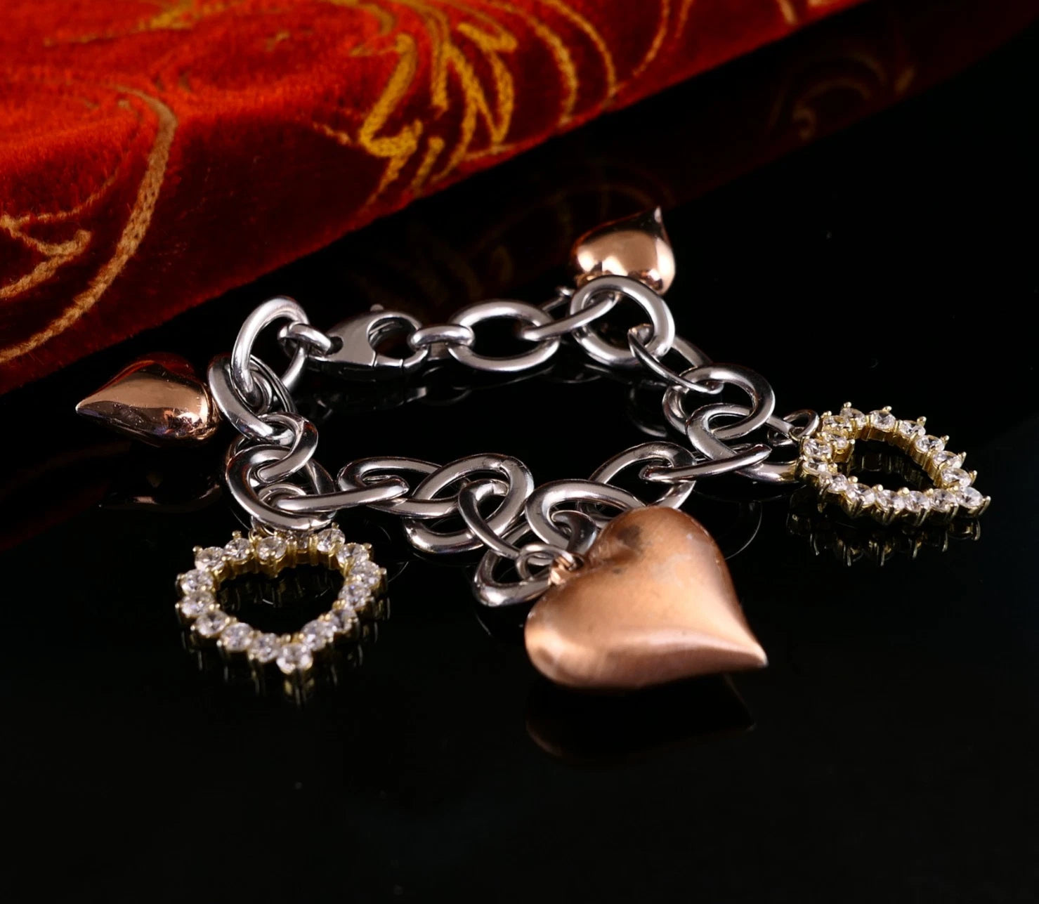 Edles 925er Silber Gliederarmband Bettelarmband mit vergoldeten Herz Anhänger 20,5cm aus Italien
