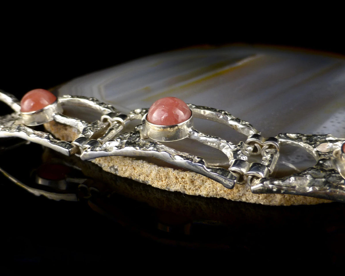 Vintage Armband - Massives Rhodochrosit Gliederarmband aus 835er Silber Organic Design Modernist 17cm