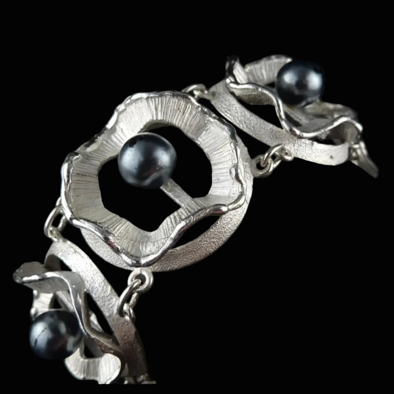 Vintage Armband - Massives Gliederarmband mit dunklen Perlen aus 925er Silber Organic Design Modernist 17cm