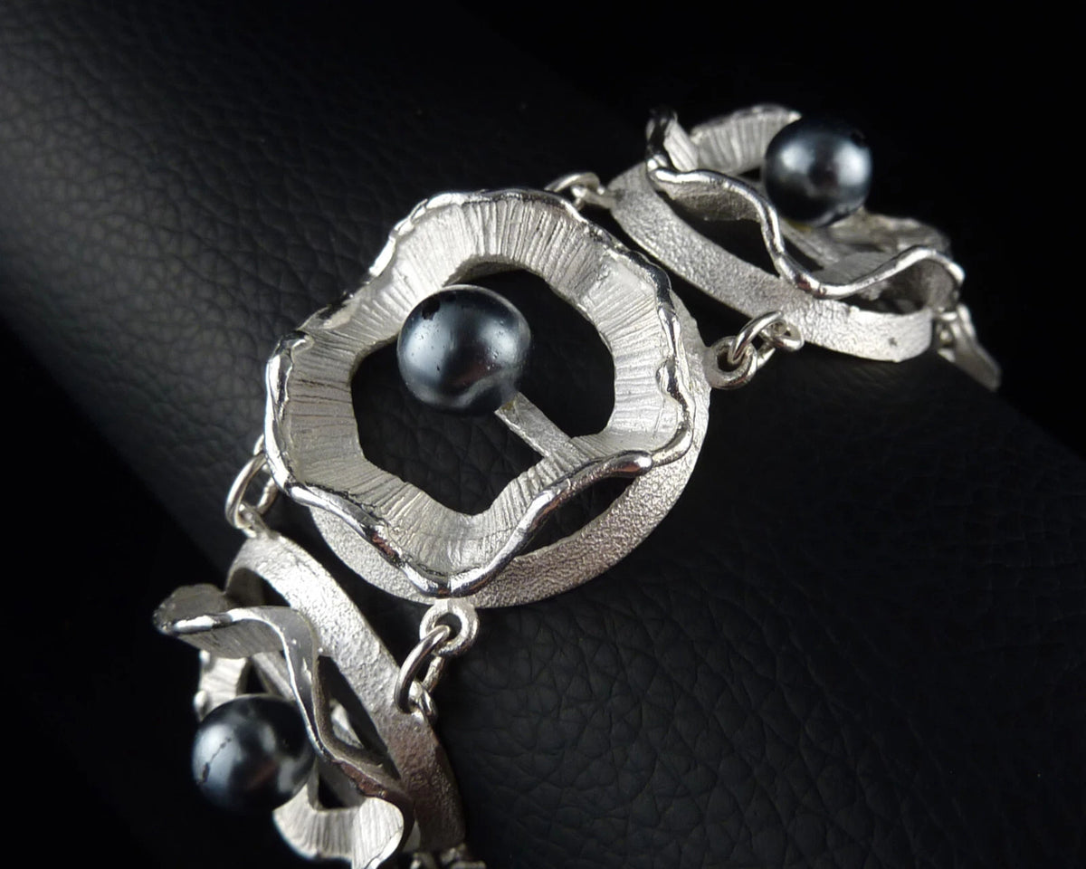 Vintage Armband - Massives Gliederarmband mit dunklen Perlen aus 925er Silber Organic Design Modernist 17cm