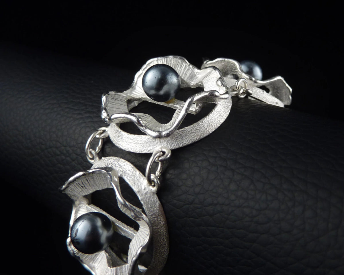 Vintage Armband - Massives Gliederarmband mit dunklen Perlen aus 925er Silber Organic Design Modernist 17cm