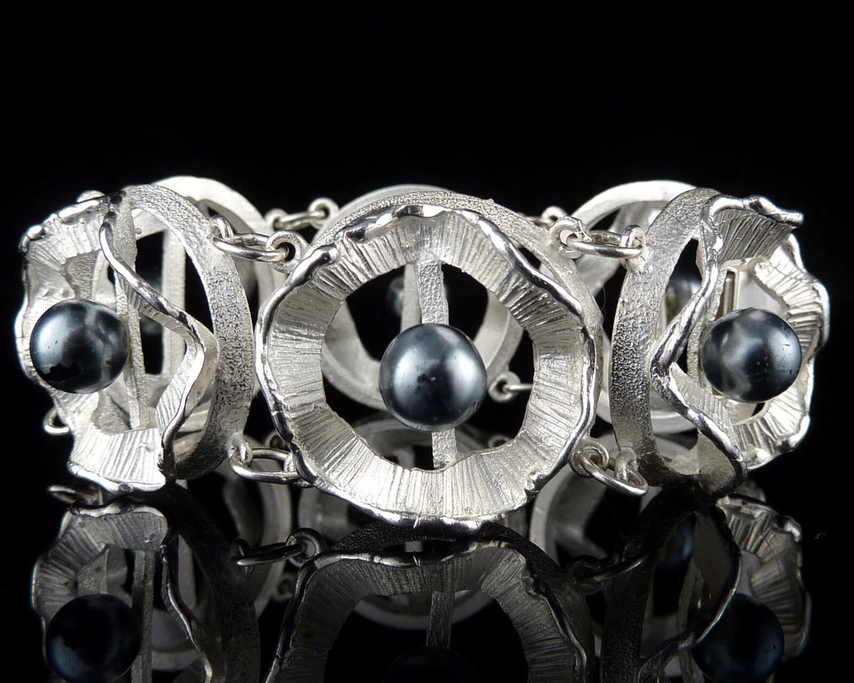Vintage Armband - Massives Gliederarmband mit dunklen Perlen aus 925er Silber Organic Design Modernist 17cm