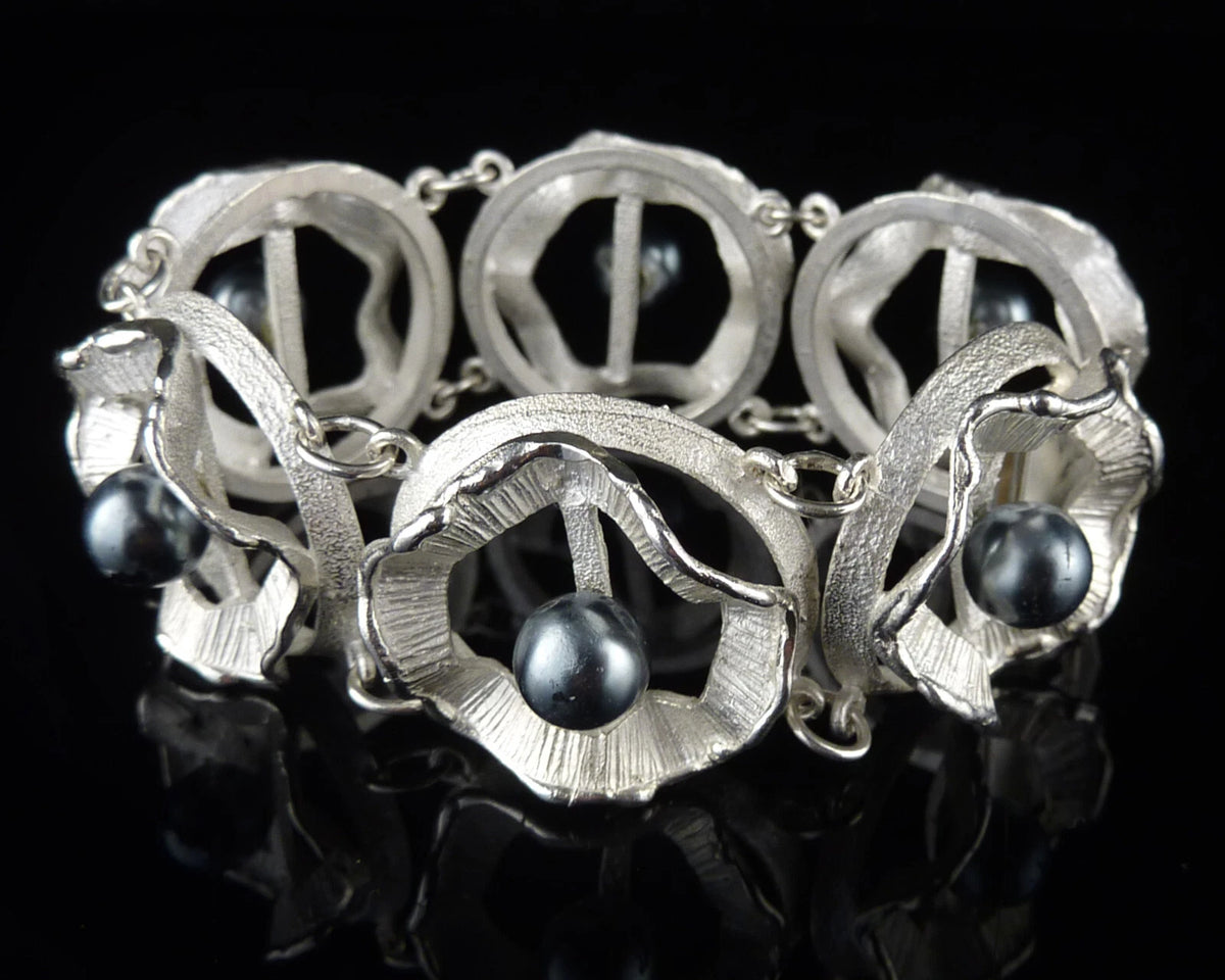 Vintage Armband - Massives Gliederarmband mit dunklen Perlen aus 925er Silber Organic Design Modernist 17cm