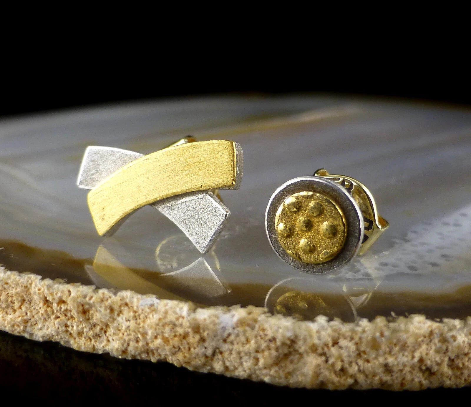 Vintage Ohrschmuck - Designer Ohrstecker aus 925 Silber & 585 Gold - Motiv: XO / X und O Kreis Ohrringe zus. 2,5g
