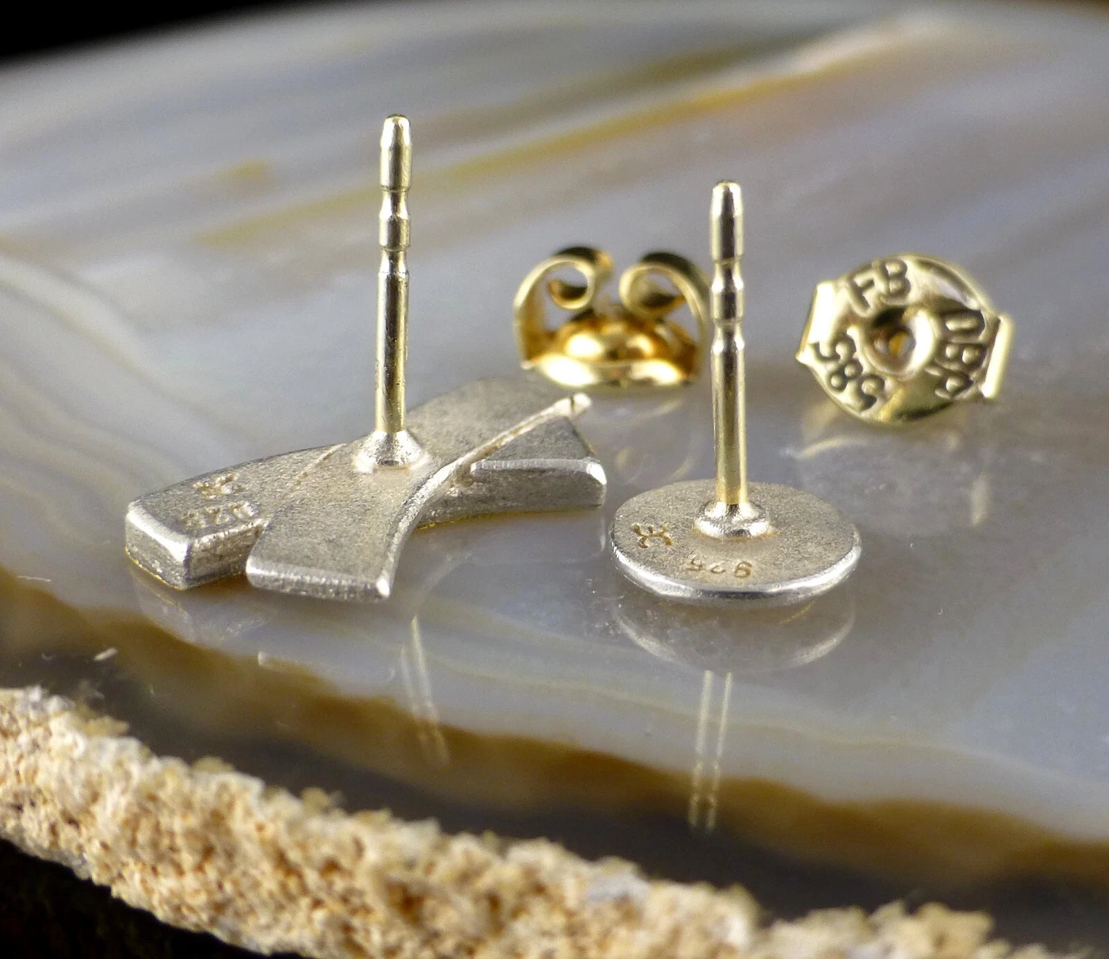 Vintage Ohrschmuck - Designer Ohrstecker aus 925 Silber & 585 Gold - Motiv: XO / X und O Kreis Ohrringe zus. 2,5g