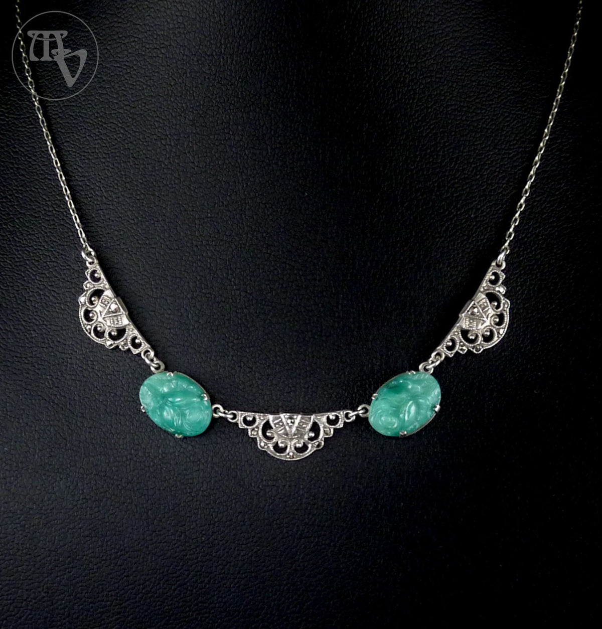 Antikes Collier - Art Déco um 1930 Rosen Halskette grüne Paste / Glasstein 935er Silber