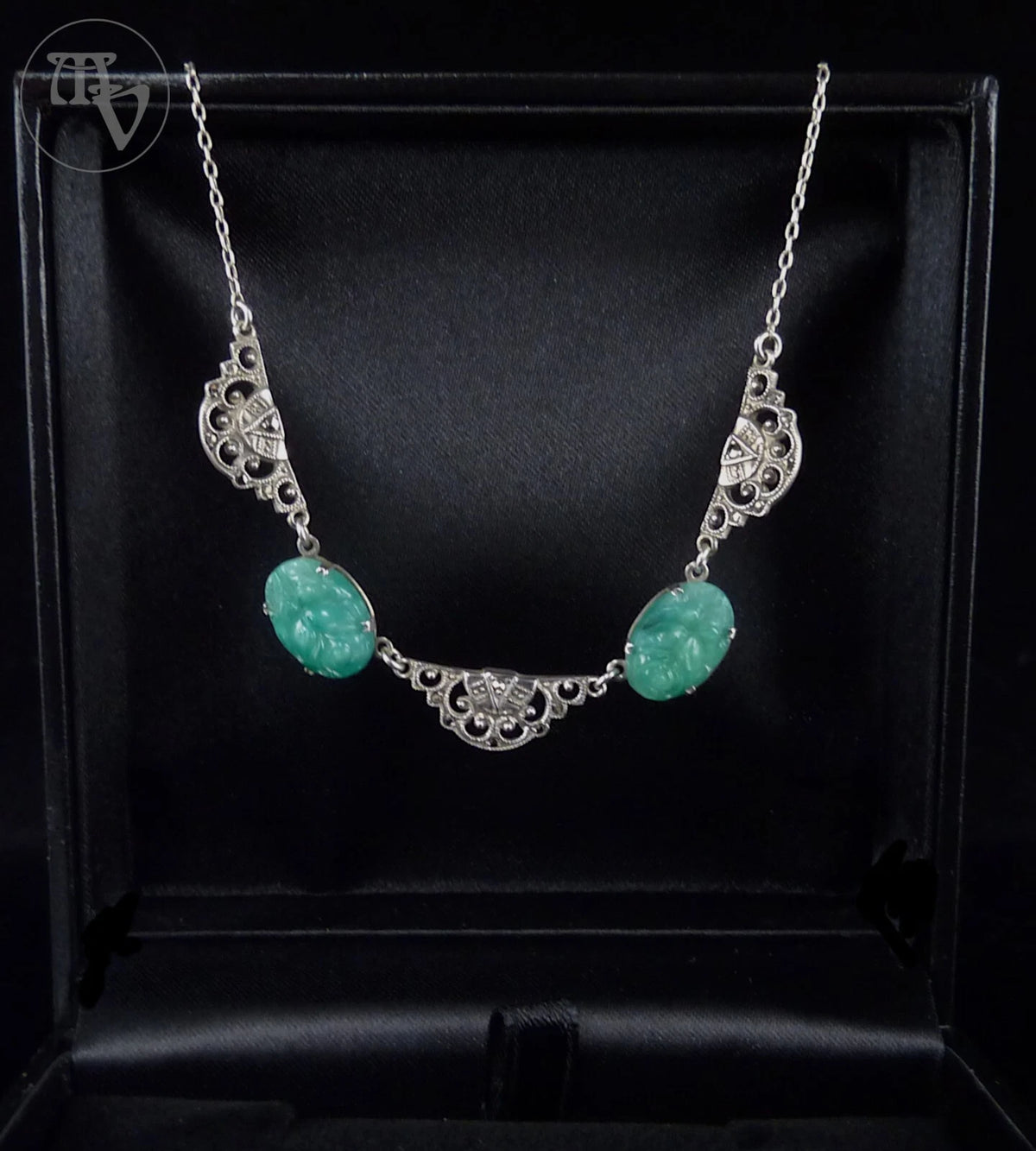 Antikes Collier - Art Déco um 1930 Rosen Halskette grüne Paste / Glasstein 935er Silber