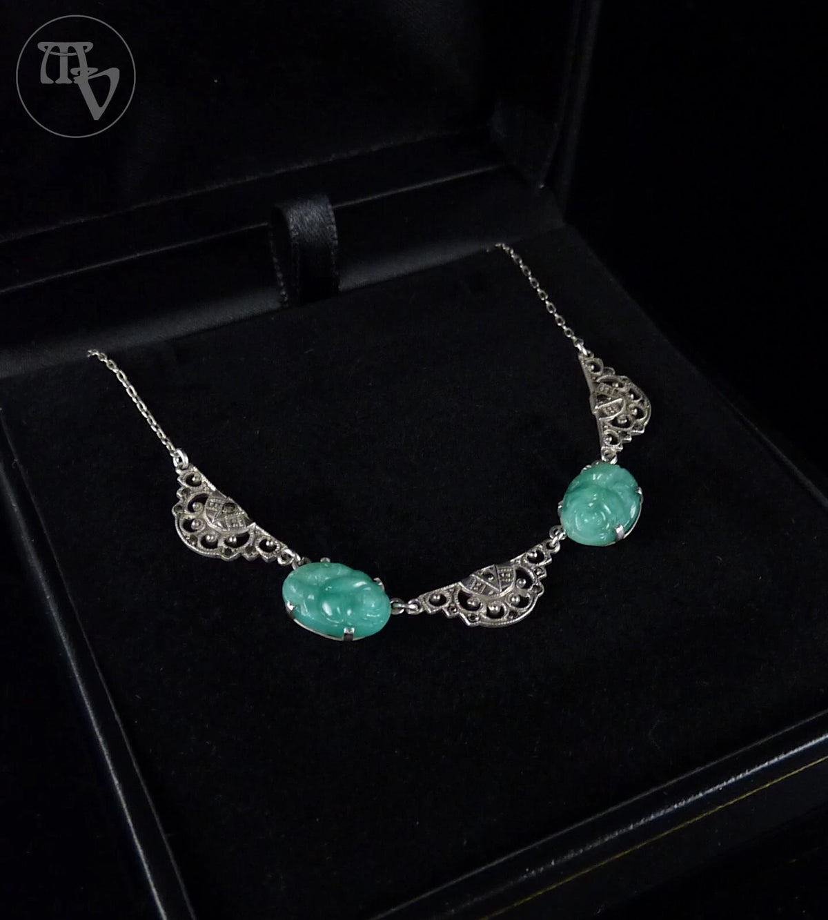 Antikes Collier - Art Déco um 1930 Rosen Halskette grüne Paste / Glasstein 935er Silber
